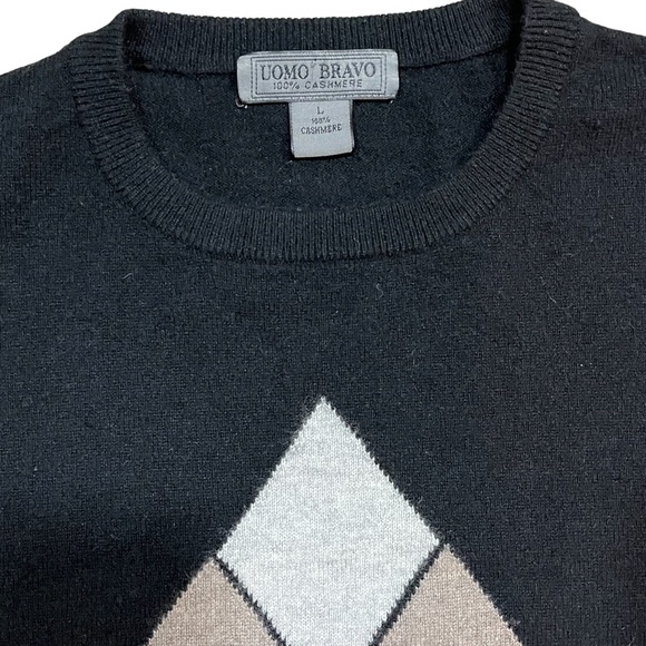 Men’s Uomo Bravo Cashmere Sweater Black Argyle Crew Neck Long Sleeve Pullover - Picture 3 of 11